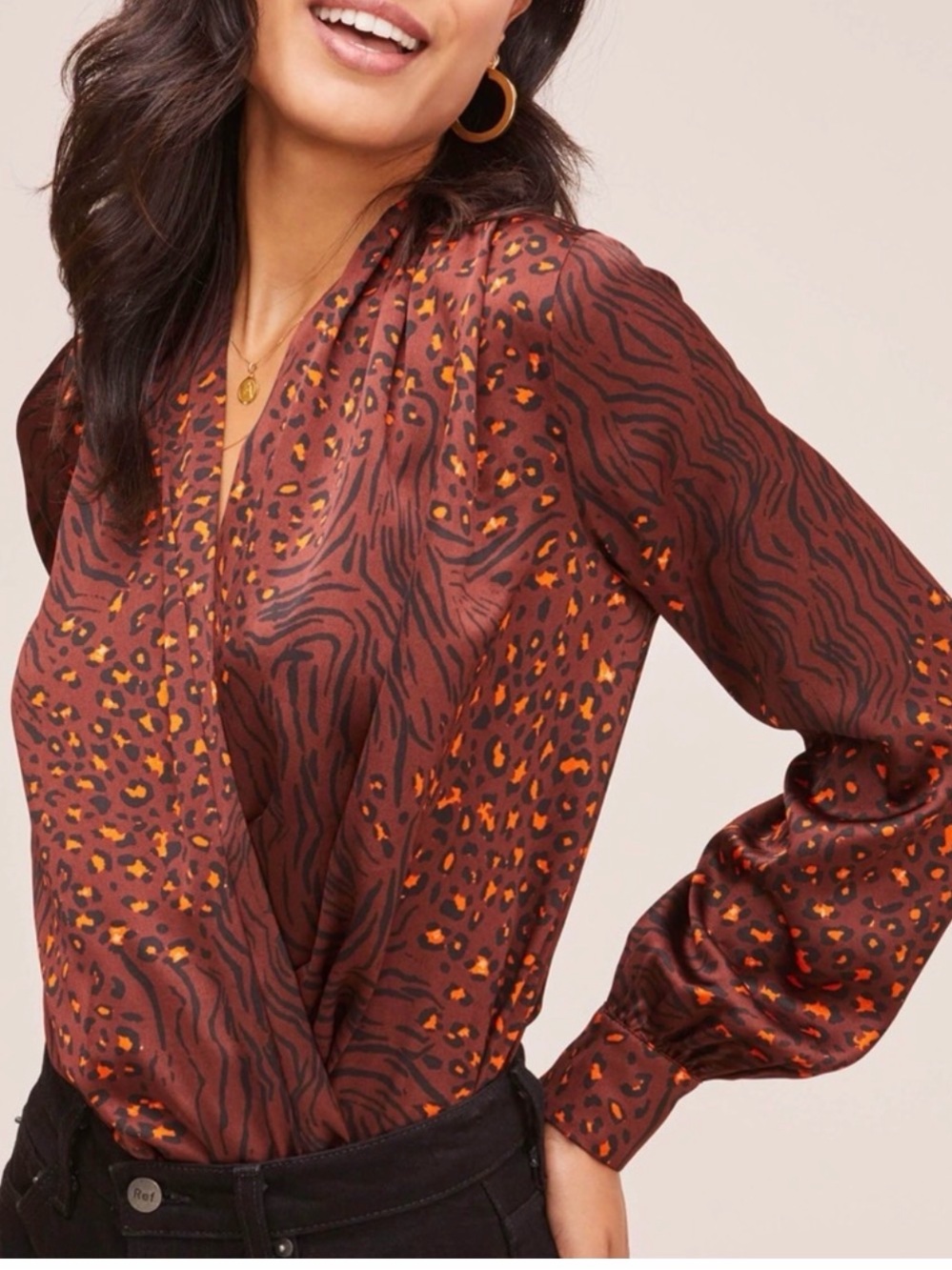 Astr Brown and Orange Animal-Print Satin Wrap Bodysuit NWOT - Picture 3 of 10